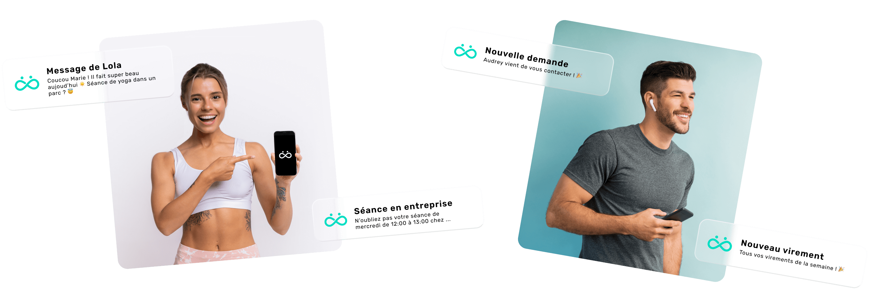 un homme et une femme - coachs sportifs heureux de recevoir des notifications de Togever sur leur téléphone